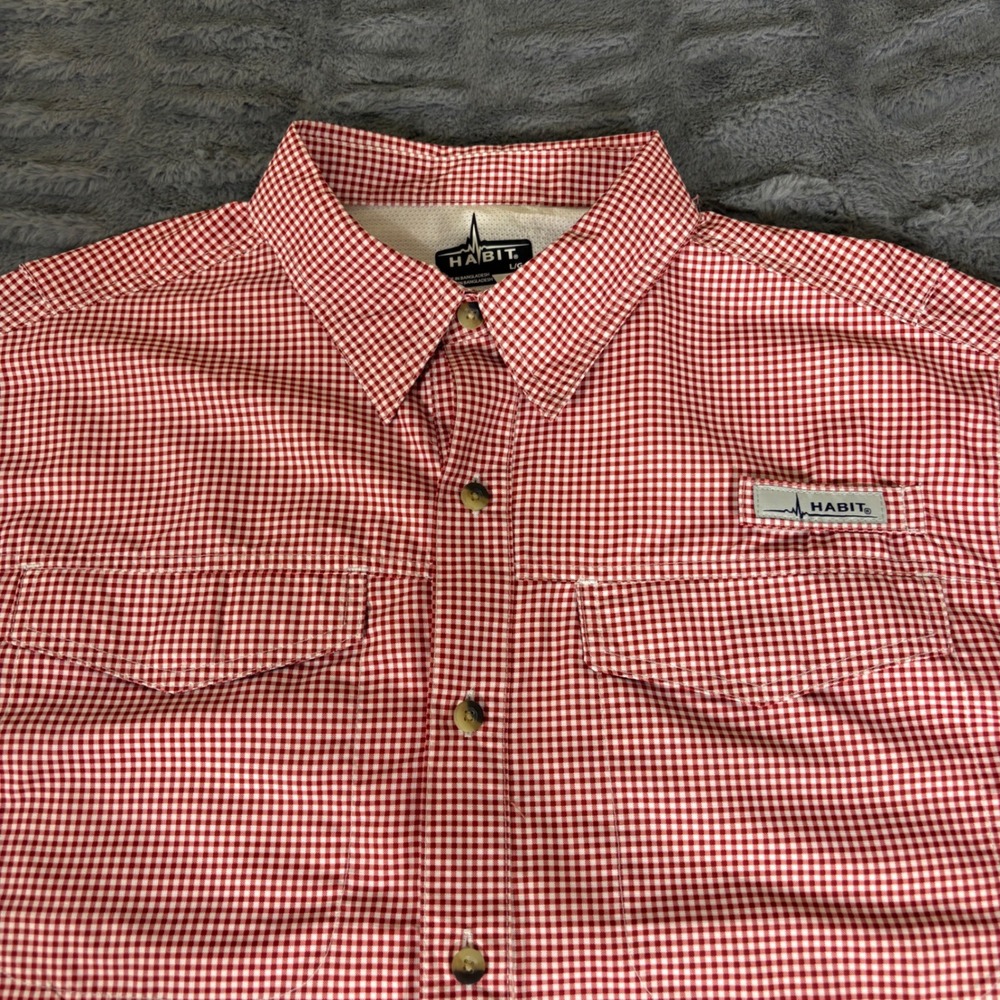 Habit Mens Red Dahlia Check Gingham Fishing Shirt UPF 40+ Vented Large TS1447